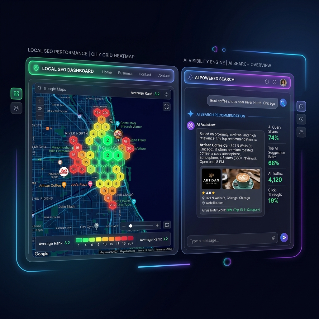 Local SEO Ranking Heatmap and AI Visibility Dashboard