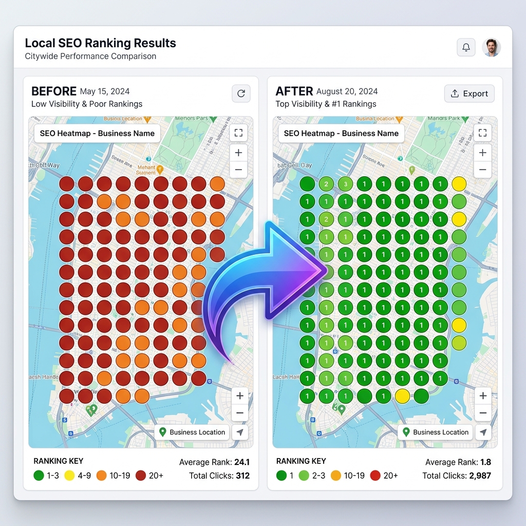 Local SEO Ranking Heatmap Before and After